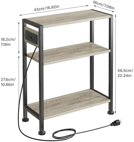 End Table with Charging Station, 3-Tier Side Table for Small Space, Skinny Nightstand with USB/Type C Port and 2 Outlets, Slim Sofa Beside Table for Living Room, Bedroom and Balcony, Greige