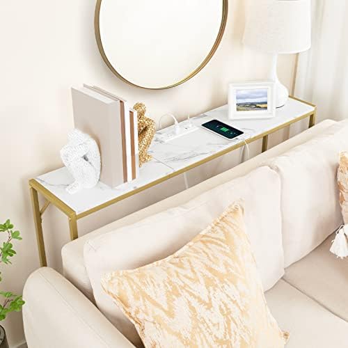 MAHANCRIS Console Table, Narrow Sofa Table, 43.7” Entrance Table with Power Station, Behind Couch Table, Simple Style, for Living Room, Hallway, Entryway, Foyer, Marble and Gold CTJM112E01