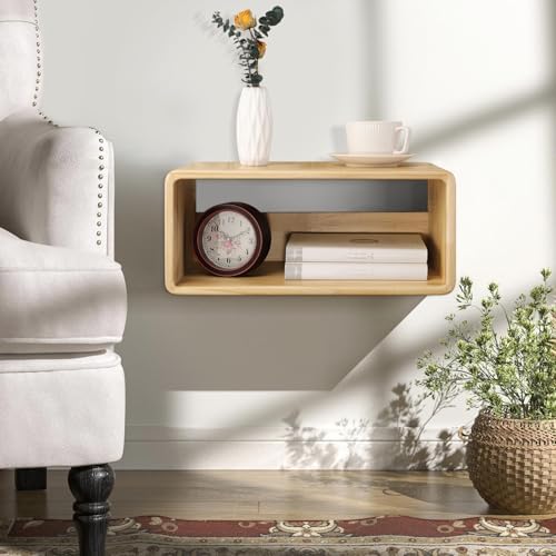 Floating Nightstand, Wall Mounted Bedside Table Wood Bedside Shelf Floating Shelves for Bedroom Bathroom Kitchen Office 18”x 10”x 7.5” Natural