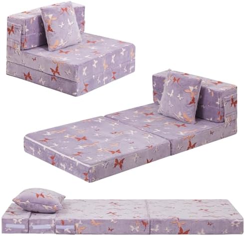 MeMoreCool Kids Floor Mattress, 8in Glow Butterfly Trifold Sofa Bed, Purple