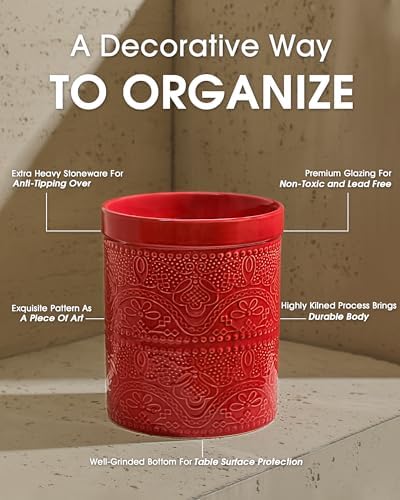 FUN ELEMENTS Kitchen Utensil Holder, 7.2" Super Large Utensil Crock Heavy and Stable Lace Emboss Ceramic Utensil Holder for Kitchen Counter (Christmas Red)