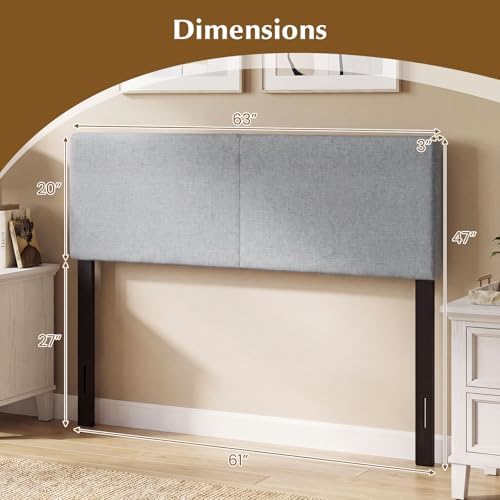 GIANTEX Linen Upholstered Headboard, Queen/Full Size Vertical Quilted Fabric Head Board with Wood Support Legs, Attach Frame, Width Adjustable Modern Bed Headboard Only (Gray)