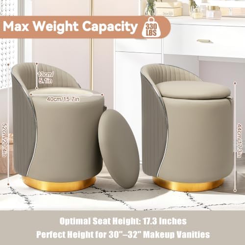 Vanity Chair with Storage, Leather Vanity Stool, 360° Swivel Makeup Chair with Back, No Assembly Upholstered Accent Chairs Stool for Bedroom, Dressing Room, Living Room, Grey