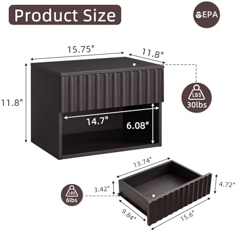 BuildHom Floating Nightstand Set of 2 with Fluted Drawer, Bedside Table
