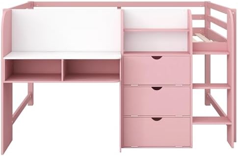 SOFTSEA Full Size Low Loft Bed with Desk and Storage, Pink