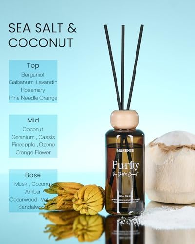 M&SENSE Reed Diffuser Set, Sea Salt Coconut, 6.3 oz Natural Essential Oil