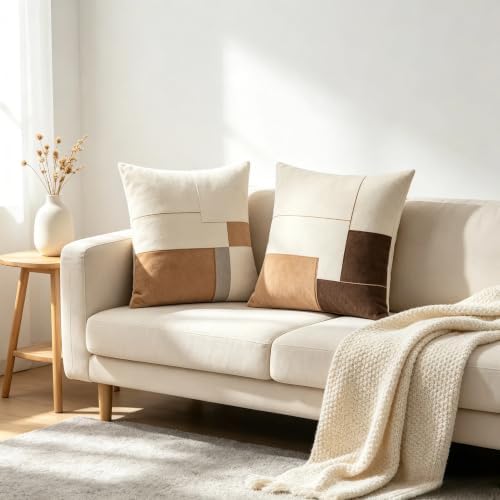 Neutral Geometric Color Block Throw Pillow Covers 18x18 Inch Set of 2