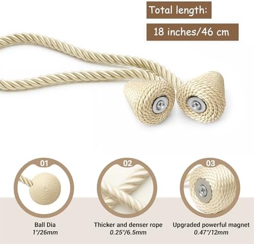 Hion Magnetic Curtain Tiebacks Beige 2pcs, Curtain Holdbacks Hooks Holders