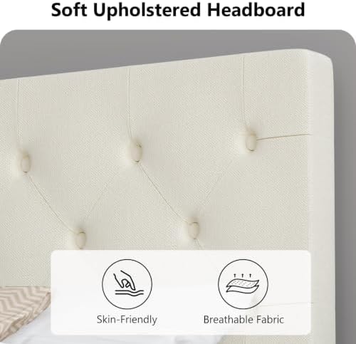 HOMBCK King Size Bed Frame, Upholstered Bed Frame with Headboard, Cream
