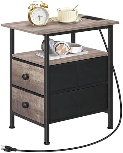 HOOBRO End Table with Charging Station, Narrow Side Table, Nightstand with 2 Non-Woven Drawers, Slim Sofa Side Table, for Small Spaces, Living Room, Bedroom, Greige and Black BG486UBZ01