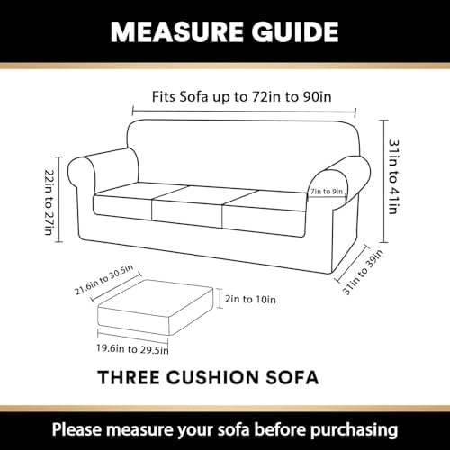 PrinceDeco Velvet Couch Covers for Sofa Soft 4 Pieces Couch Covers for 3 Cushion Couch Sofa Pet Friendly Furniture Protector with Non Slip Elastic Bottom Width Up to 90 Inch (Large, Mocha)