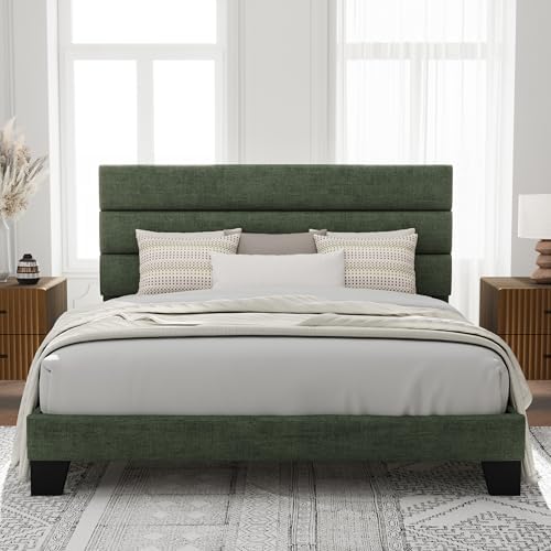 Allewie King Size Platform Bed Frame with Velvet Upholstered Headboard and Wooden Slats Support, Fully Upholstered Mattress Foundation/No Box Spring Needed/Easy Assembly, Green