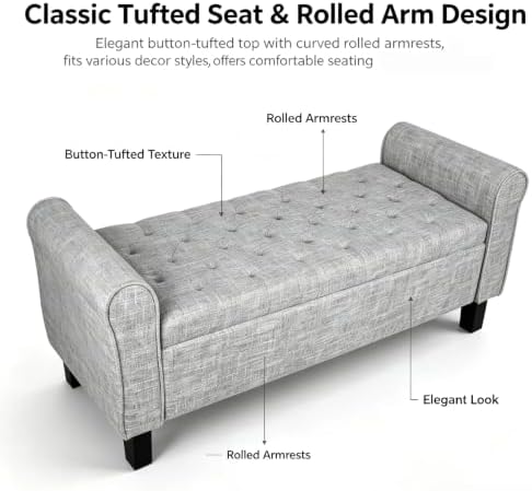 51 Inch Light Gray Linen Storage Ottoman Bench with Rolled Armrests