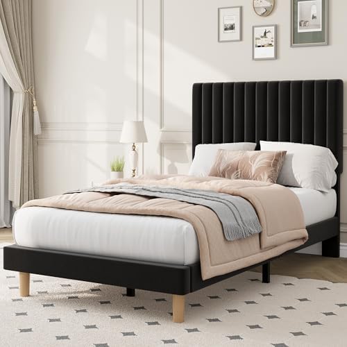 Twin Bed Frame with Adjustable Headboard, Velvet Upholstered Platform Bed