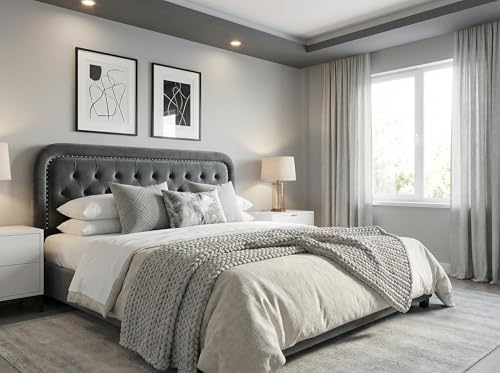 Tufted Upholstered King Size Headboard only - Button Solid Wood HeadBoards with Adjustable Height - Modern Velvet Padded Bed Headboard - Easy Assembly - Nailhead, Gray