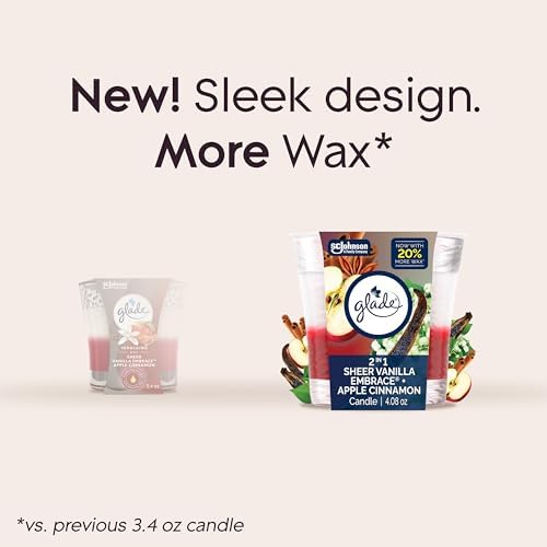 Glade 1-Wick 2in1 Scented Candle Jar, Sheer Vanilla Embrace & Apple Cinnamon, Air Freshener Infused with Essential Oils, 4.08 Oz, 2 Count
