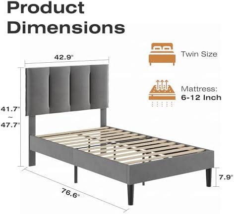 VECELO Twin Size Bed Frame with Upholstered Headboard, Dark Grey
