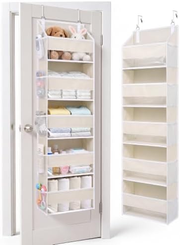 ULG 1-Pack Over Door Organizer with 5 Large Pockets 10 Mesh Side Pockets, 44 lbs Weight Capacity Hanging Storage Organizer with Clear Window for Bedroom Bathroom Kitchen, RV, Camper, Beige