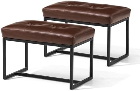 Glitzhome Ottoman Bench Pack of 2, Modern PU Leather Vanity Stools Chairs with Metal Frame, Makeup Stool Padded Foot Rest Stool for Living Room Vanity, Entryway, Bathroom, Brown