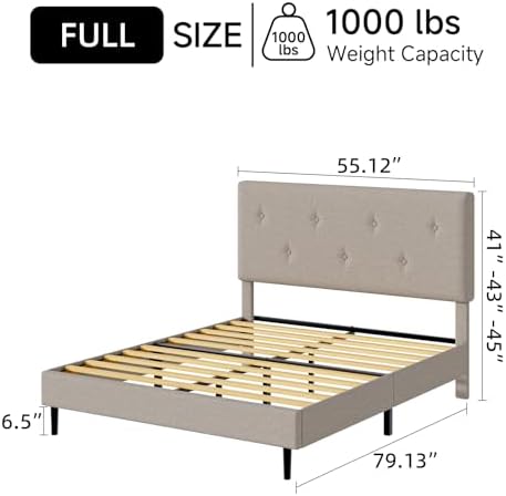Full Size Linen Bed Frame with Adjustable Headboard Beige