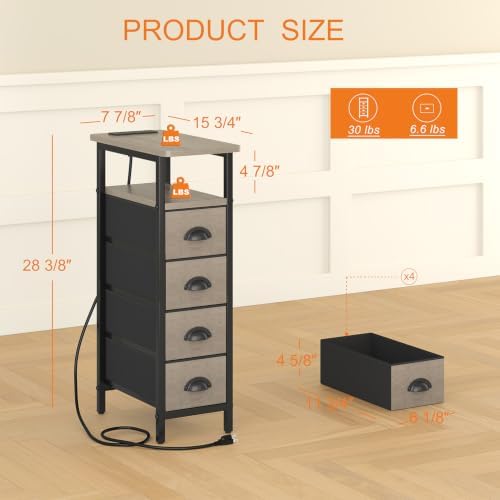 sthmec Side Table with Charging Station, Narrow End Table with 4 Drawers, LED Nightstands with Fabric Drawers,Slim Sofa Couch Side Tables for Small Spaces,Living Room,Bedroom, Grey