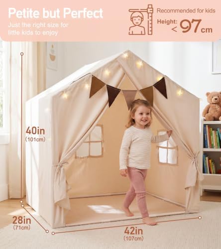 Little Dove Kids Play Tent with Star Lights & 2 Windows, Reading Nook & Playhouse for Indoor Use, Play Tent for Boys & Girls, Cozy Indoor Playroom & Birthday, 40"x28"x42", Cream
