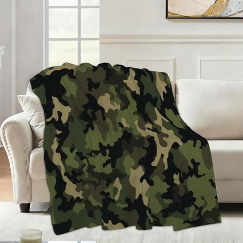 Throw Blanket for Couch,Camouflage Plush Fall Throw,Army Green Soft Fluffy Blanket for Sofa Decoration,Flannel Fleece Blanket for Naps,Reading,Traveling,Camping,50 X 60 Inch