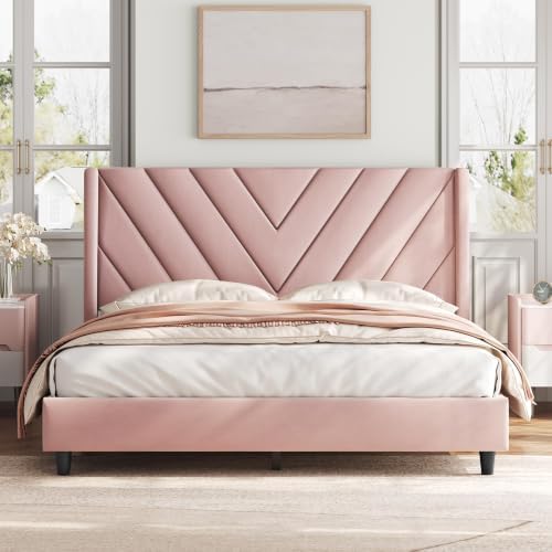 Yaheetech Queen Bed Frame with Chevron Channel-Tufted Headboard, Pink