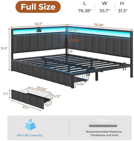 DICTAC Corner Full Bed Frame with 2 Storage Drawers and Charging Station Full Size Platform Bed Frame with Led Lights and Upholstered Guardrail Full Size Daybed for Teen/Adult with Storage,Gray