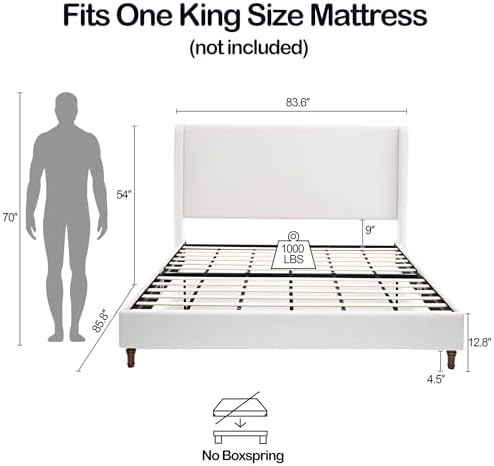 King Size 54" Tall Headboard Wingback Bed Frame Ivory Chenille