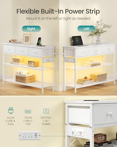 SONGMICS Console Table with Power Outlets and LED Lights, 3 Fabric Drawers