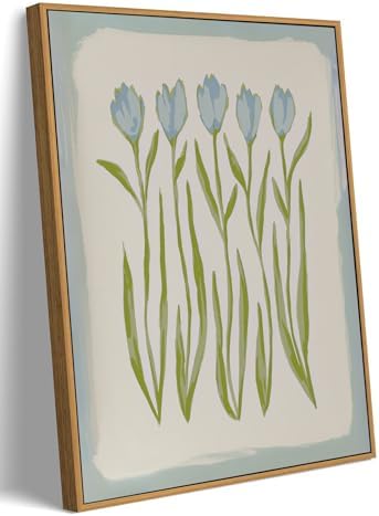 Framed Blue Floral Wall Art, Coastal Grandma Tulip Bathroom Decor 8x10in
