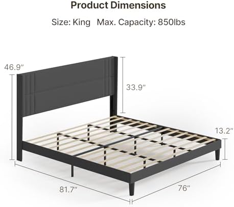 Gizoon King Bed Frame with Wingback Headboard, Upholstered Platform Bed