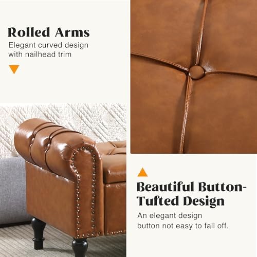 Faux Leather Storage Bench for Bed Room 67 Inch Upholstered Tufted Ottoman Bench with Arms King Size Large Storage Space End of Bed Benches for Bedroom Living Room Entryway Brown