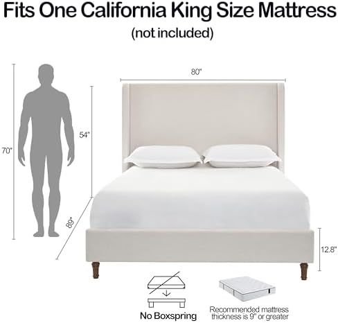 54" Tall Headboard California King Upholstered Platform Bed Frame with Wingback, Modern Tufted Fabric Bed with Solid Wood Legs, No Box Spring Needed, Textured Ivory Canvas