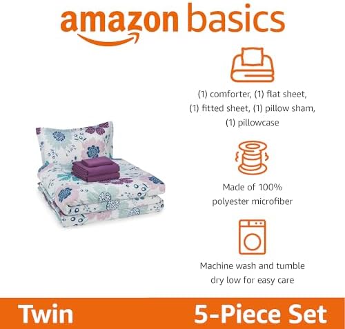 Amazon Basics 5-Piece Soft, Easy-Wash Microfiber Kid's Bed-in-a-Bag Bedding Set with Sheet and Comforter, Twin, Bluish Flowers