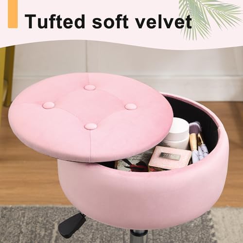 Pink Swivel Vanity Stool With Storage Vanity Chair for Makeup Room Ottoman
