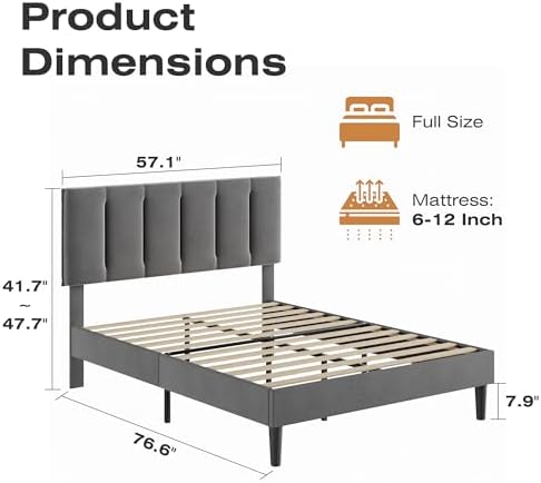 VECELO Full Size Bed Frame with Upholstered Headboard, Dark Grey
