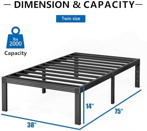 Twin Bed Frames with Heavy Duty Steel Slat, 14 Inches Platform Bed Frame, Non-Slip Design, No Box Spring Needed, Easy Assembly, Quiet Noise Free, Under Bed Storage Space, Black