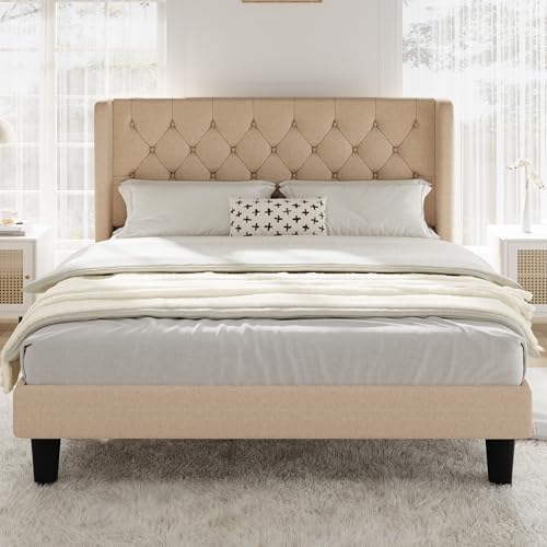 Allewie Queen Size Bed Frame with Button Tufted Wingback Headboard, Beige