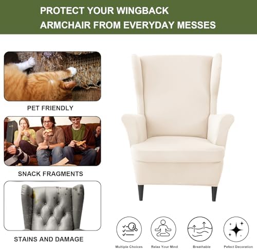 HAOYONG Wing Chair Slipcovers Waterproof Spandex Wingback Chair Covers 2 Pieces Wingback Armchair Slipcover Stretch Chair Slip Covers Washable Armchair Protector Cover for Living Room Bedroom - Beige