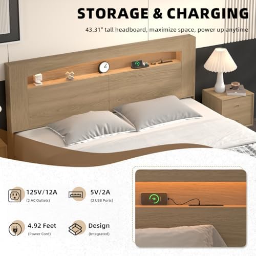 Wooden King Headboard Only with Storage for Bedroom (Oak, King)