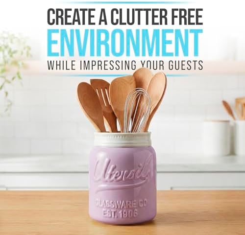 Comfify Purple Mason Jar Utensil Holder – Wide Mouth Ceramic – Farmhouse