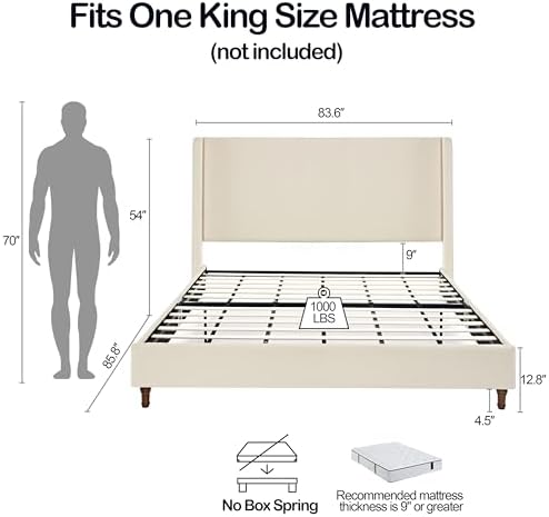 King 54" Tall Headboard Wingback Upholstered Bed Frame Ivory Boucle