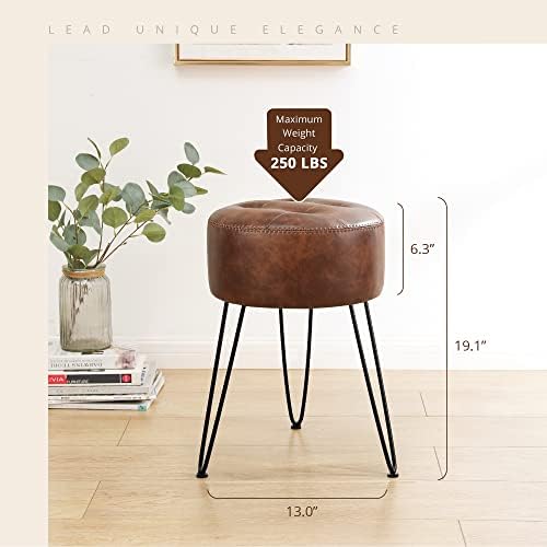 LUE BONA Reddish Brown Vanity Stool Chair for Makeup Room, Tufted Faux Leather Stool for Vanity, 19 inch Height, Vanity Chair with Metal Legs, Modern Foot Ottoman for Bedroom, Living Room
