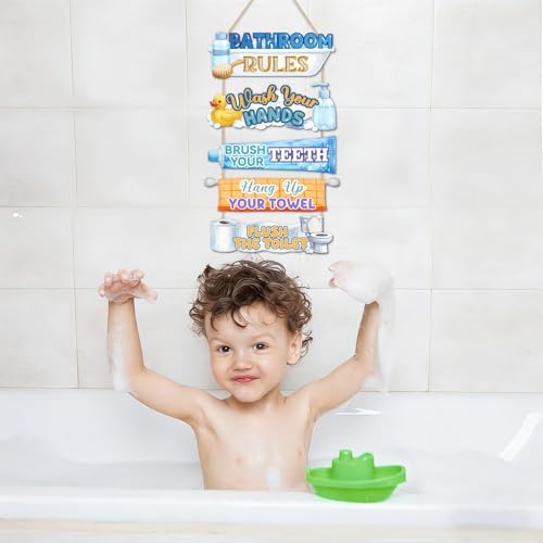 HLNIUC Colorful Bathroom Rules Wood Decor,Watercolor Playful Cartoon Bathroom Wooden Hanger,Duck Bubble Bath Hanging Signs,Toothpaste Wall Decor,Towel Rack Wall Sign For Bathroom Home Decoration