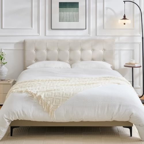 Linen Tufted Headboard King Size, Solid Wood King Headboard Only, Beige