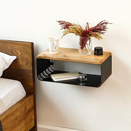 Floating Nightstand with Walnut Top | Modern Bedroom Decor | Minimalist Wall-Mounted Bedside Nightstand | Wall Mounted Shelf | Obsidian Oasis: Bold Black