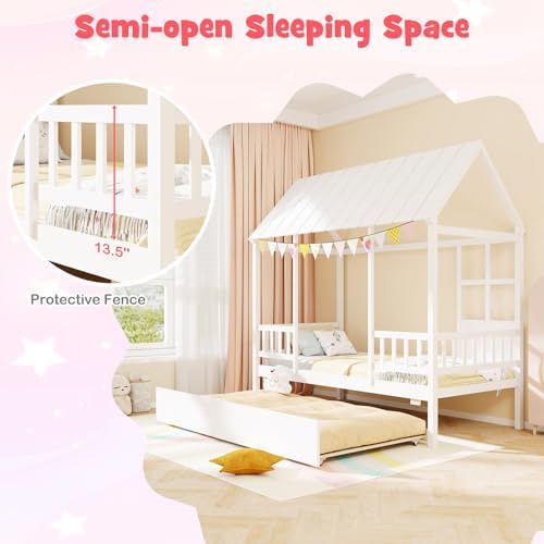 GIANTEX Twin House Bed with Trundle Bed Twin, Wooden Montessori Bed Frame with Roof & Safety Guardrail for Kids, Teens, Boys or Girls, No Box Spring Needed (White)