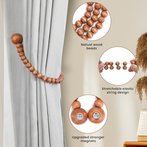 KLOGTSIND Magnetic Curtain Tiebacks, 6 Pack Wood Bead Curtain Holdbacks